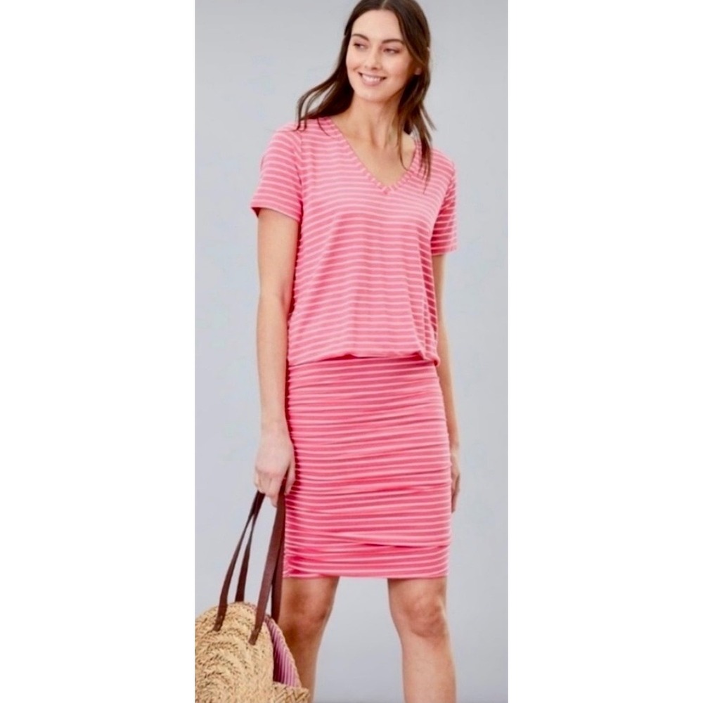 Joules Candice Pink Striped Ruched Blouson V-Neck Dress US 4 NEW